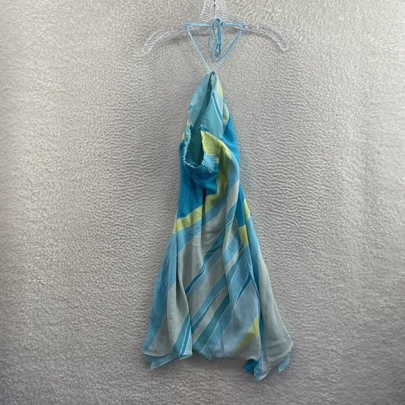 Y2K 2000s Express Blue Pattern Chiffon Mesh O-Ring Halter Midi Dress 2 S Small - Picture 2 of 11